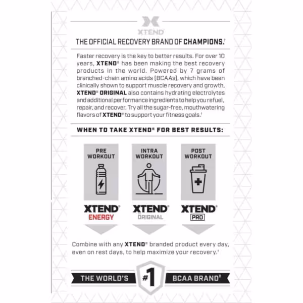 Xtend BCAA recovery guide: Use Xtend Energy pre-workout, Original intra-workout, and Pro post-workout for best results