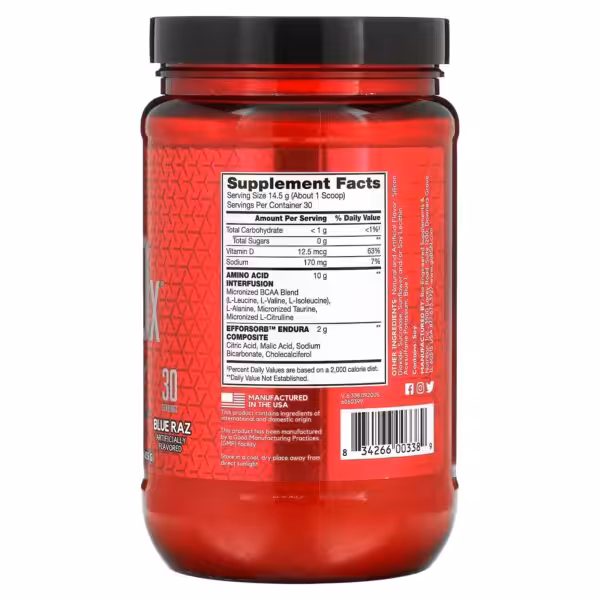 Supplement Facts for Blue Raz flavor showing 30 servings, 10g Amino Acid Interfusion, and 2g Efforsorb Endura Composite