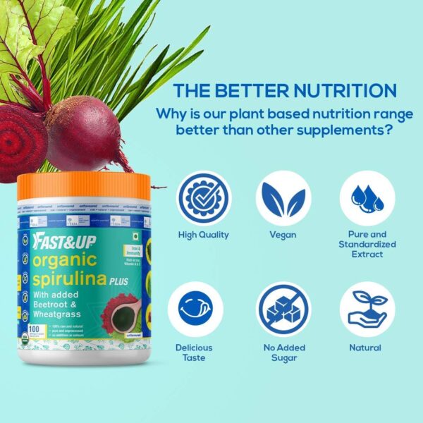 Fast&Up Organic Spirulina Plus Vegan Superfood, 100 Servings, Unflavoured