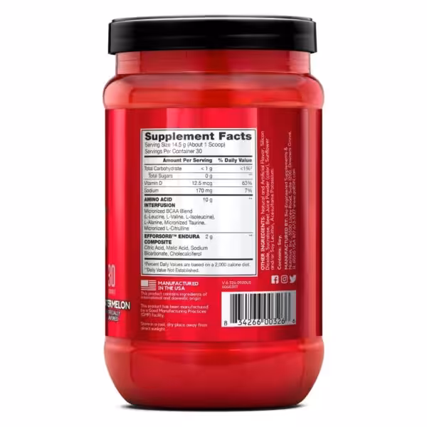Supplement Facts label: 30 servings, 10g Amino Acid Interfusion, 2g Efforsorb Endura Composite. Contains soy