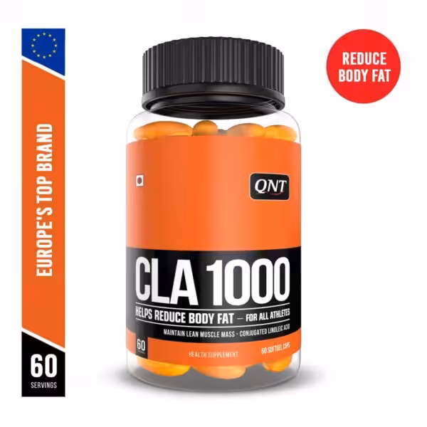 QNT CLA 1000 health supplement, 60 softgel caps. Helps reduce body fat and maintain lean muscle mass
