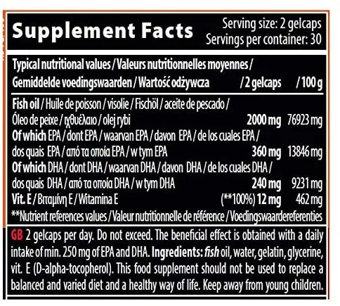 Supplement Facts: 2 gelcaps provide 2000mg fish oil (360mg EPA, 240mg DHA) and 12mg Vitamin E. 30 servings per container