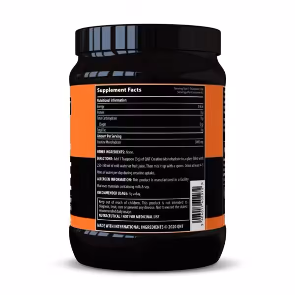 Supplement Facts: 83 servings per container, 3000mg Creatine Monohydrate per 3g serving, 0 calories