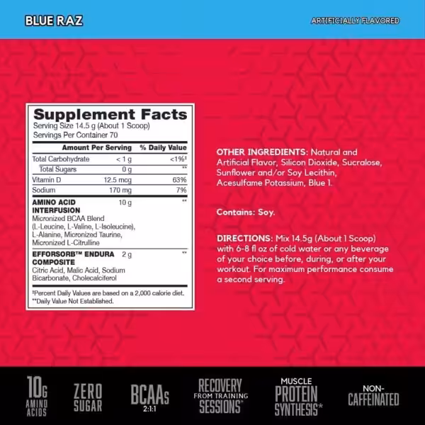 Blue Raz supplement facts and directions. Highlights 10g amino acids, zero sugar, BCAAs, and is non-caffeinated