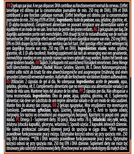 Product label for QNT Omega 3 with ingredients and usage instructions in multiple languages