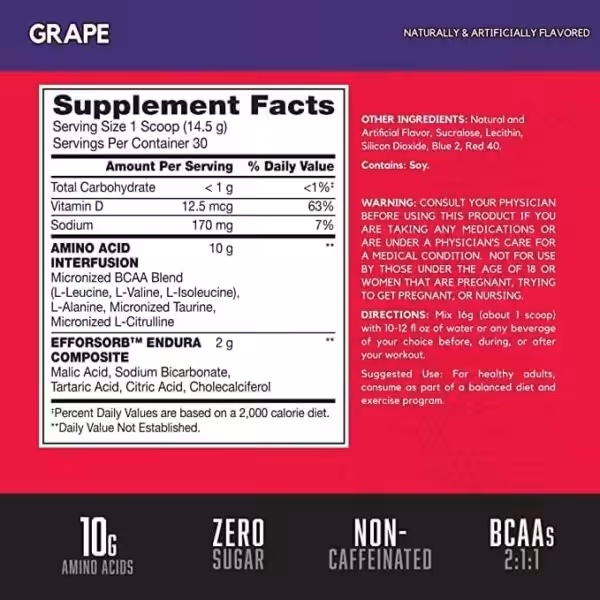 Supplement facts for Grape flavor: 10g Amino Acids, zero sugar, non-caffeinated, and BCAAs 2:1:1