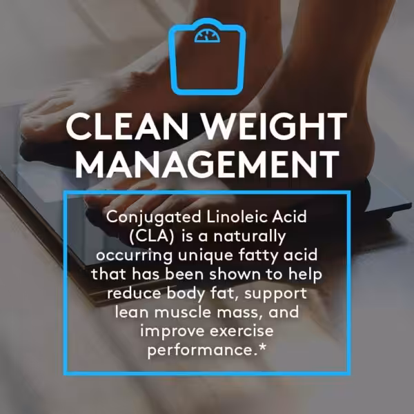 Clean Weight Management: CLA is a fatty acid that helps reduce body fat, support lean muscle mass, and improve performance