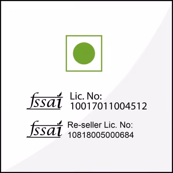 Vegetarian symbol. FSSAI Lic. No: 10017011004512 and Re-seller Lic. No: 10818005000684