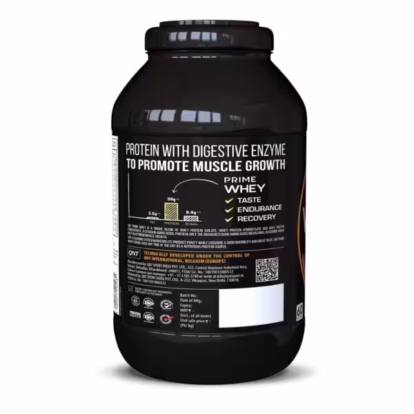 QNT Prime Whey label highlighting 50g protein, 9.4g BCAAs, and benefits for muscle growth, endurance, and recovery