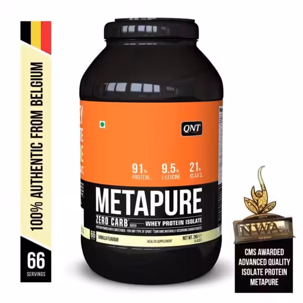 QNT Metapure Zero Carb Whey Protein Isolate, Vanilla Flavour, 2kg tub. 91% protein, 21% BCAAs, and 66 servings