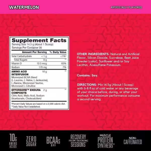 Supplement facts for watermelon flavor: 10g amino acids, 0g sugar, 30 servings. Contains soy. Mix 1 scoop with 6-8 oz water