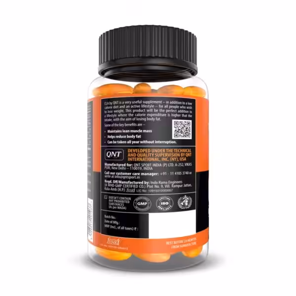 Back label of QNT CLA supplement detailing benefits (lean muscle, fat reduction) and quality certifications