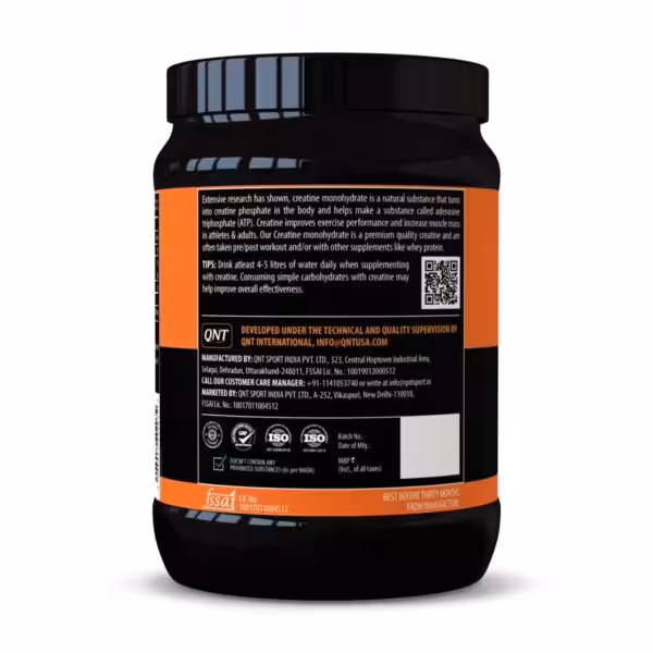 Back label of QNT Creatine Monohydrate with product information, usage tips, and quality certifications