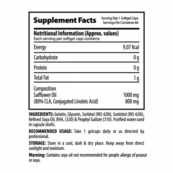 Supplement facts for QNT CLA: 1 softgel serving provides 800mg CLA and 9.07 Kcal. Contains soya oil