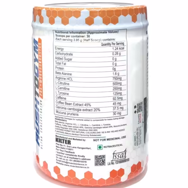 Nutritional facts for Muscle Science C6 Pre workout: 30 servings, 1.6g Beta Alanine, 750mg Arginine, and 92.5mg Caffeine