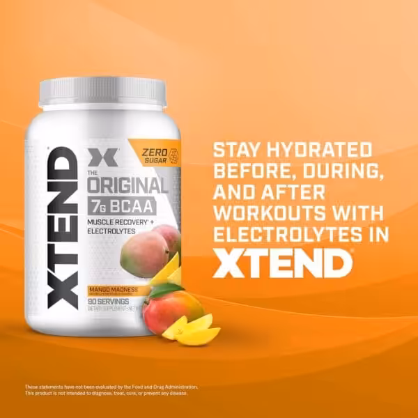 XTEND Original 7g BCAA Mango Madness flavor, 90 servings — zero sugar muscle recovery supplement with electrolytes