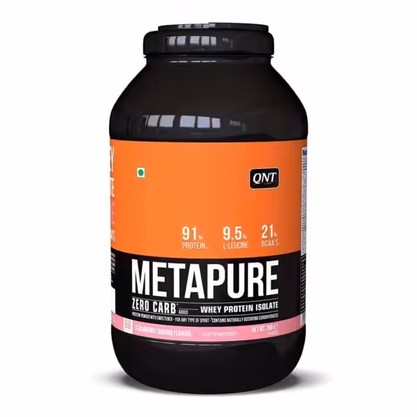 QNT Metapure Zero Carb Whey Protein Isolate, Strawberry Banana flavor, 2kg tub with 91% protein and 21% BCAAs