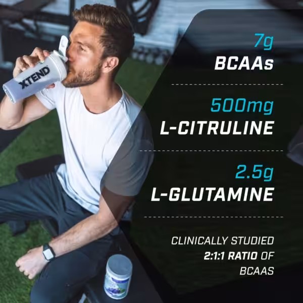 Man drinking XTEND. Features 7g BCAAs, 500mg L-Citrulline, 2.5g L-Glutamine, and a 2:1:1 BCAA ratio