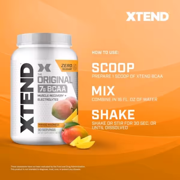 XTEND Original 7g BCAA Mango Madness, 90 servings, zero sugar. How to use: Scoop 1 serving, mix in 16 fl. oz water, shake 30 sec until dissolved