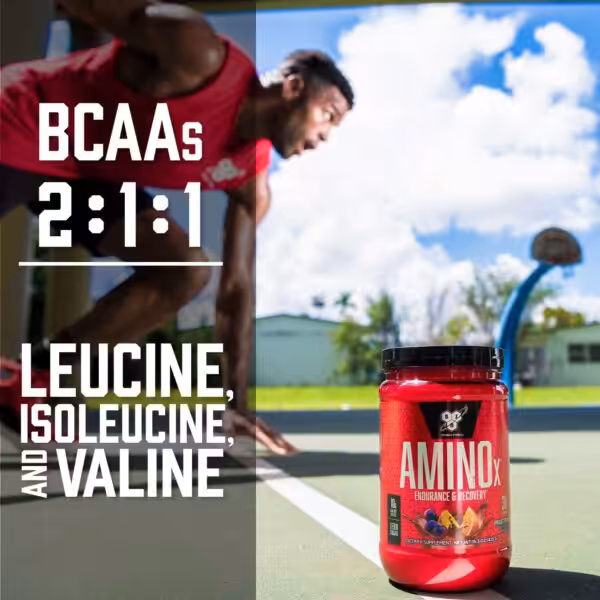 BCAAs 2:1:1 Leucine, Isoleucine, and Valine. AMINOx Endurance & Recovery supplement on a basketball court