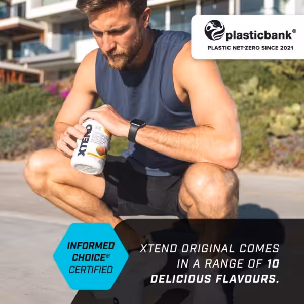 Man holding XTEND Original BCAAs. Informed Choice Certified. XTEND Original comes in 10 flavors. Plastic Bank Net-Zero