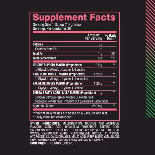 Supplement Facts: 35 calories, 5g carbs, Leucine, Isoleucine, Valine, and Omega 6 matrices. Contains tree nuts