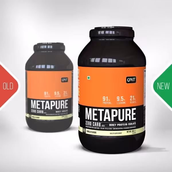 Comparison of old and new packaging for QNT Metapure Zero Carb Whey Protein Isolate