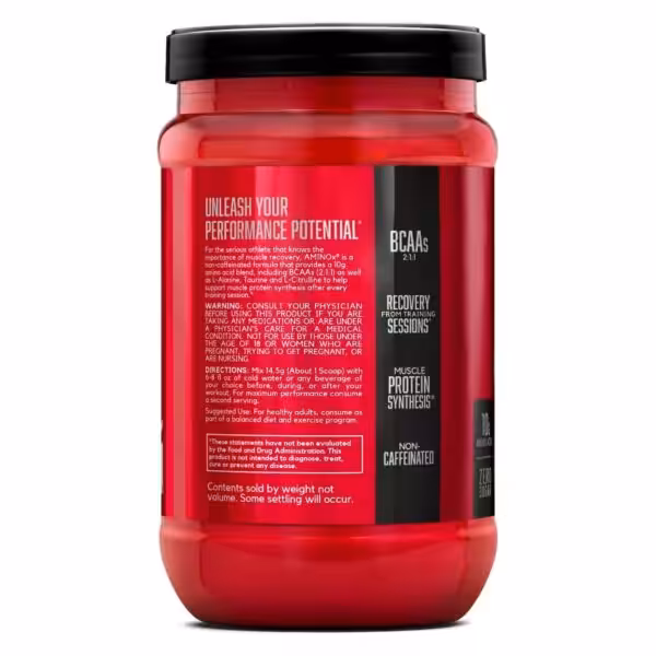 Back label of AMINOx supplement detailing its 10g amino acid blend, BCAAs, and usage directions