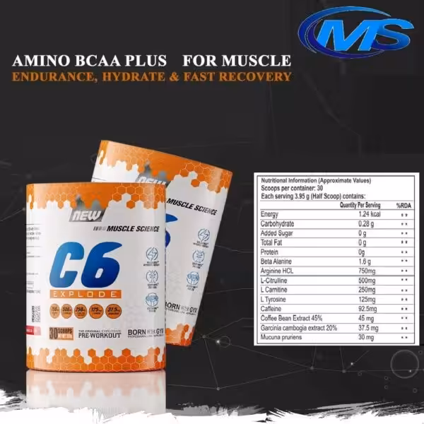 Muscle Science C6 Explode Pre-workout nutritional facts: 30 servings with 1.6g Beta Alanine and 92.5mg Caffeine