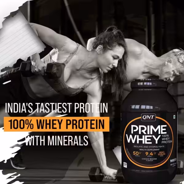 QNT Prime Whey 100% Whey Protein with minerals. Choco Badam flavor, 50g protein, 9.4g BCAAs, and zero sugar