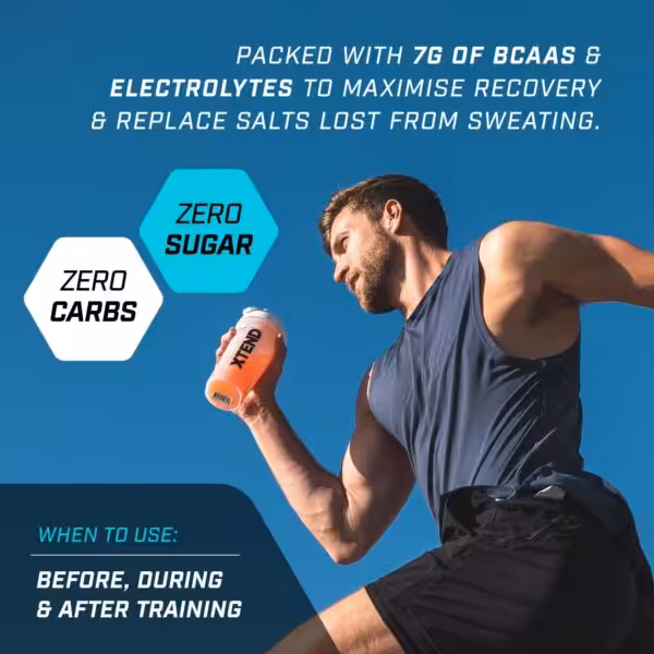 Man training with XTEND shaker. 7g BCAAs, electrolytes, zero sugar/carbs. Use before, during, and after training