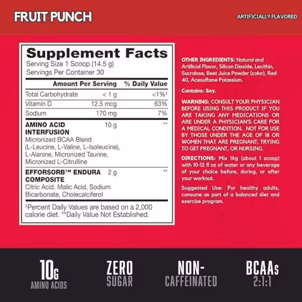 Supplement facts for Fruit Punch flavor: 10g amino acids, zero sugar, non-caffeinated, and 30 servings per container