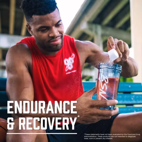 Muscular man pouring supplement powder into a BSN shaker bottle. Text: Endurance & Recovery