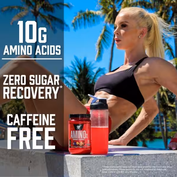 AMINOx supplement: 10g Amino Acids, Zero Sugar Recovery, Caffeine Free. Features a fit woman outdoors