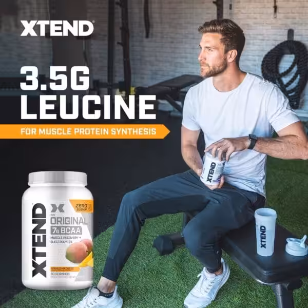 Xtend Original 7g BCAA Mango Madness, 90 servings — zero sugar, 3.5g leucine for muscle protein synthesis and electrolytes