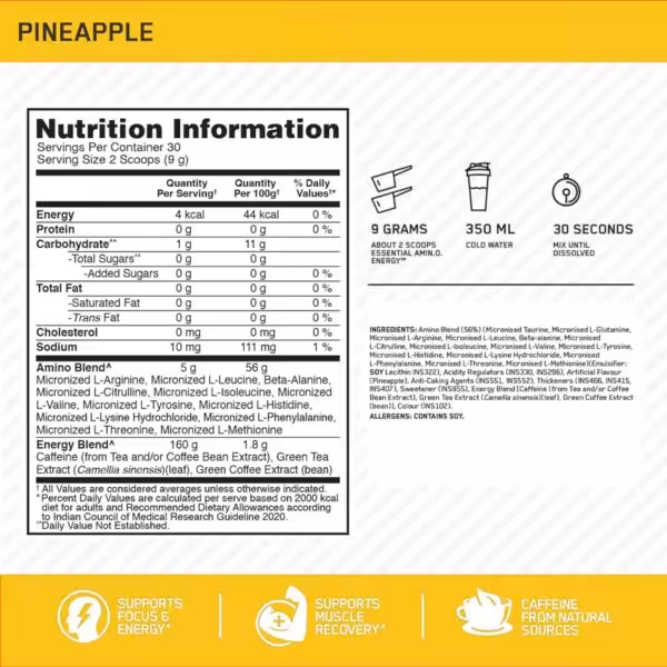 Nutrition facts for Pineapple supplement: 30 servings, 4 kcal, 5g amino blend, and 160mg energy blend per 9g serving