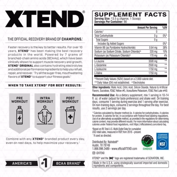 XTEND supplement facts panel showing 90 servings per container with 7g BCAAs per scoop, including L-Leucine 3500mg, L-Glutamine 2500mg, L-Isoleucine and L-Valine 1750mg each