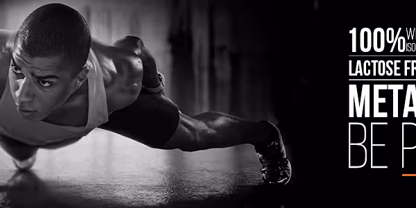 Athlete performing a push-up with text: 100% Whey Isolate, Zero Carb, Lactose Free, Metapure Be Pure