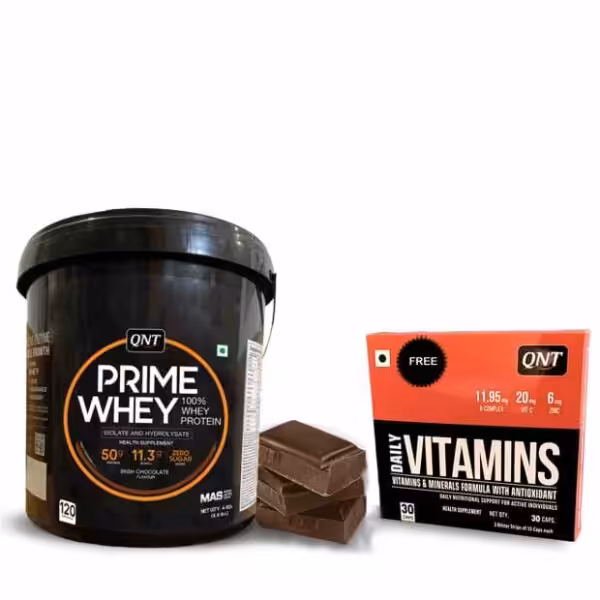 QNT Prime Whey 4kg tub in Irish Chocolate flavor with a free box of QNT Daily Vitamins