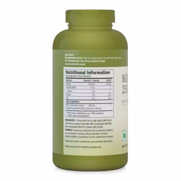 Nutritional information label for Milk Thistle Seed Extract 250 mg. Recommended usage: one capsule twice daily before meals