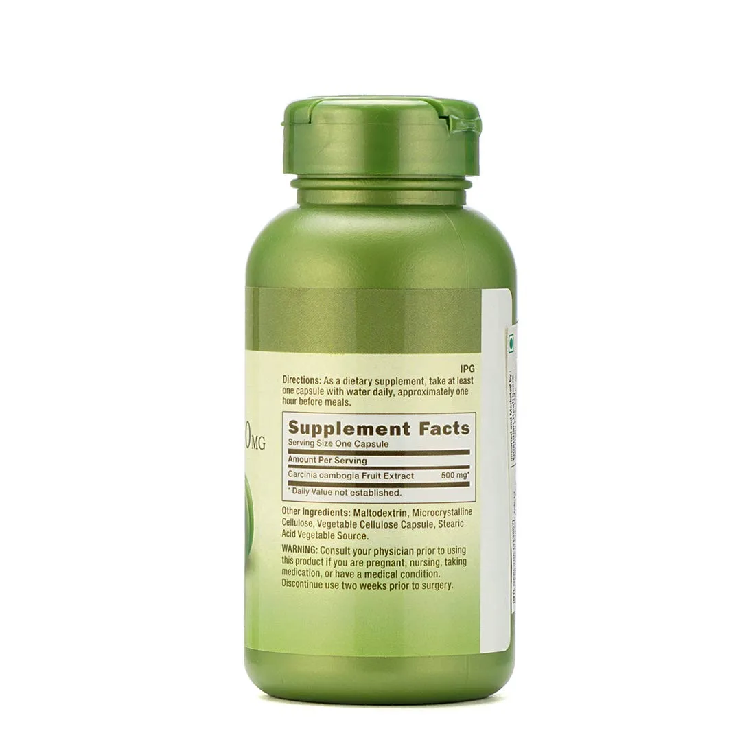 Supplement Facts: Garcinia cambogia Fruit Extract 500 mg per capsule. Directions: one capsule daily before meals