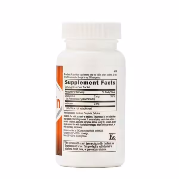 Supplement Facts: 2 mg Vitamin B-6 and 3 mg Melatonin per one tablet serving