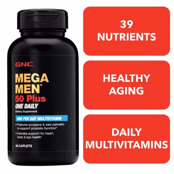 GNC Mega Men 50 Plus One Daily Multivitamin, 60 caplets. Features 39 nutrients for healthy aging and prostate support