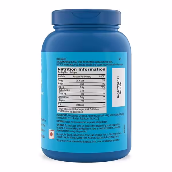 Nutrition Information label: 2 softgels provide 2000mg CLA and 38.7 kcal. Contains fish oil. Free of gluten and sugar