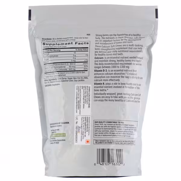 Back of Calcium Soft Chews package showing Supplement Facts, directions, ingredients, and product benefits