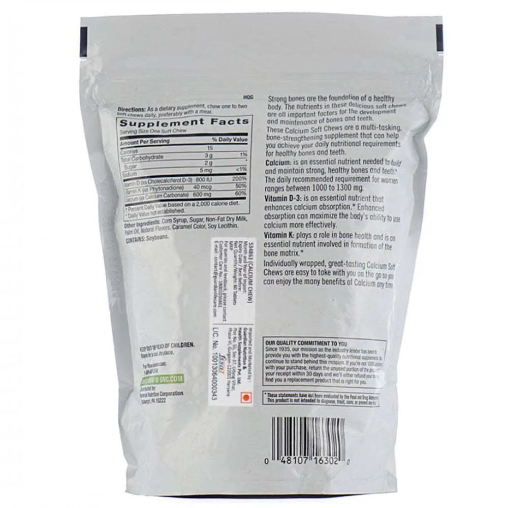 Back of Calcium Soft Chews package showing Supplement Facts, directions, ingredients, and product benefits
