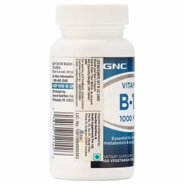 GNC Vitamin B-12 1000 mcg dietary supplement, 100 vegetarian tablets, for carbohydrate metabolism and energy