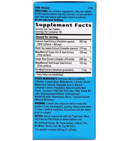 Supplement facts label listing ingredients including Guarana, Black Tea, and Grape Seed extracts. Contains 180mg caffeine