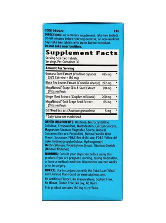 Supplement facts label listing ingredients including Guarana, Black Tea, and Grape Seed extracts. Contains 180mg caffeine