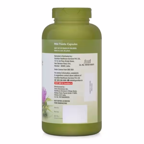 Back label of a green Milk Thistle Capsules bottle with manufacturer, distributor, and contact information